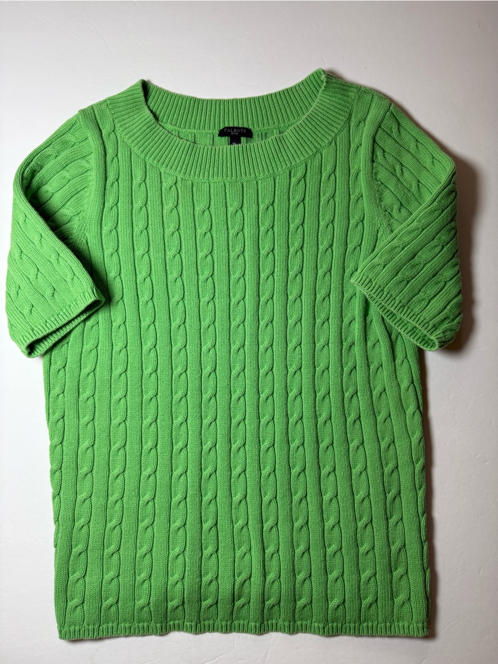Talbots Petites MP Kelly Green Cable Knit Short Sleeve Sweater